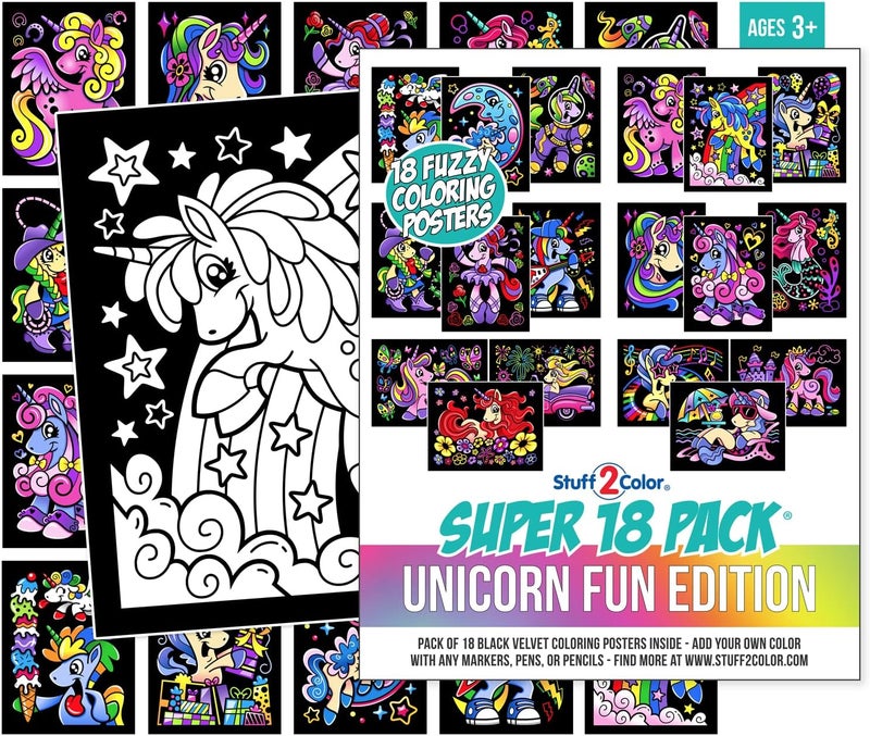 Stuff2Color Super Pack of 18 Fuzzy Velvet Coloring Posters (Unicorn Fun Edition) - Great for Family Time, Arts and Crafts, Travel, Quiet Time, Sharing, Parties [All Ages: Kids, Girls, Adults, Toddlers, Teens] - Image 1